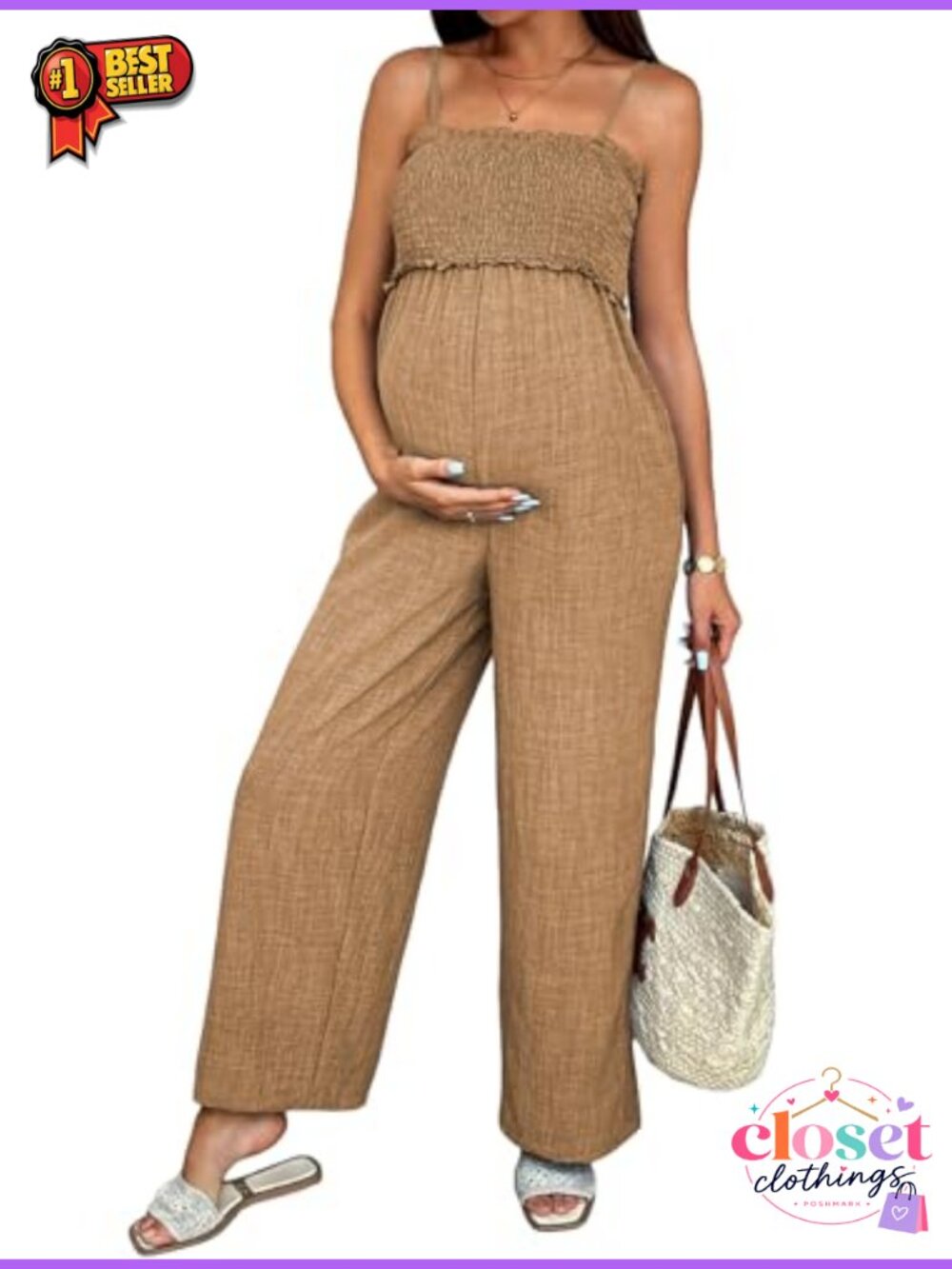 Women's Smocked Maternity Jumpsuit Wide Leg Overalls Adjustable Straps